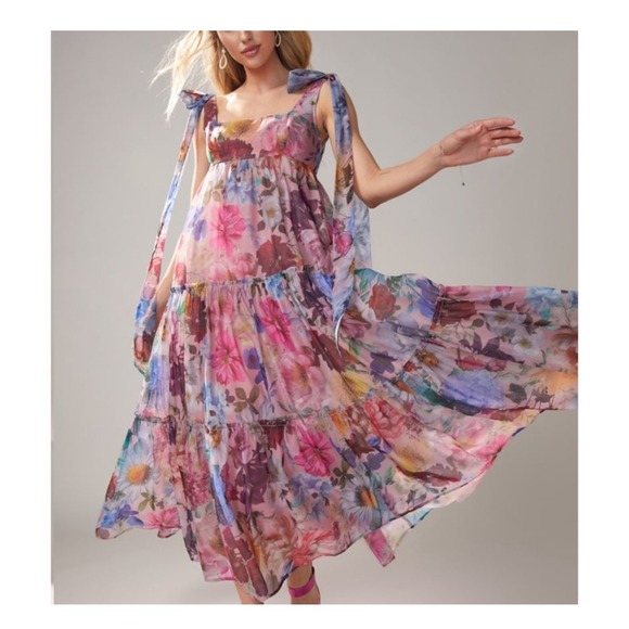 Blue Rain Floral Chiffon Maxi Dress Tie Strap Sleeveless Summer Garden Party - Picture 1 of 7